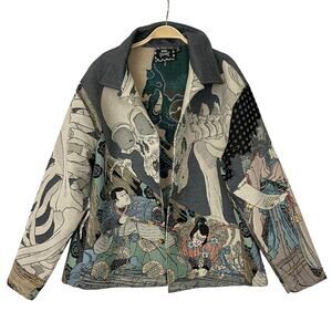 Rebel Vengeance Mens Tapestry Jacket Skeleton Japanese Samurai M Gray Gothic NWT